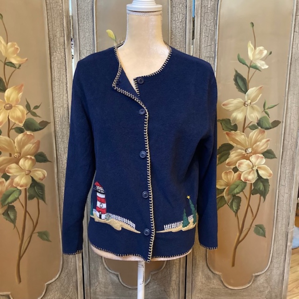 C & B woman’s fleece winter scene with lighthouse top